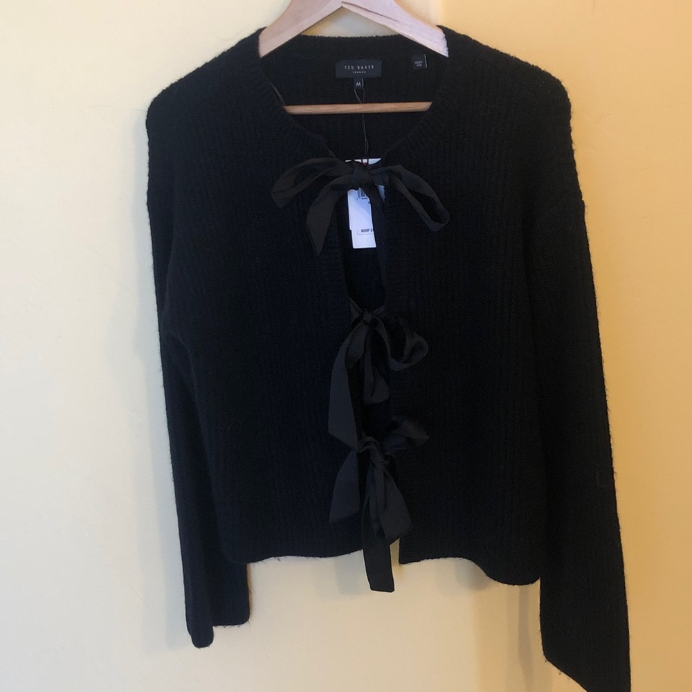 Ted Baker NWT Black Ribbon-Tie Knit Cardigan